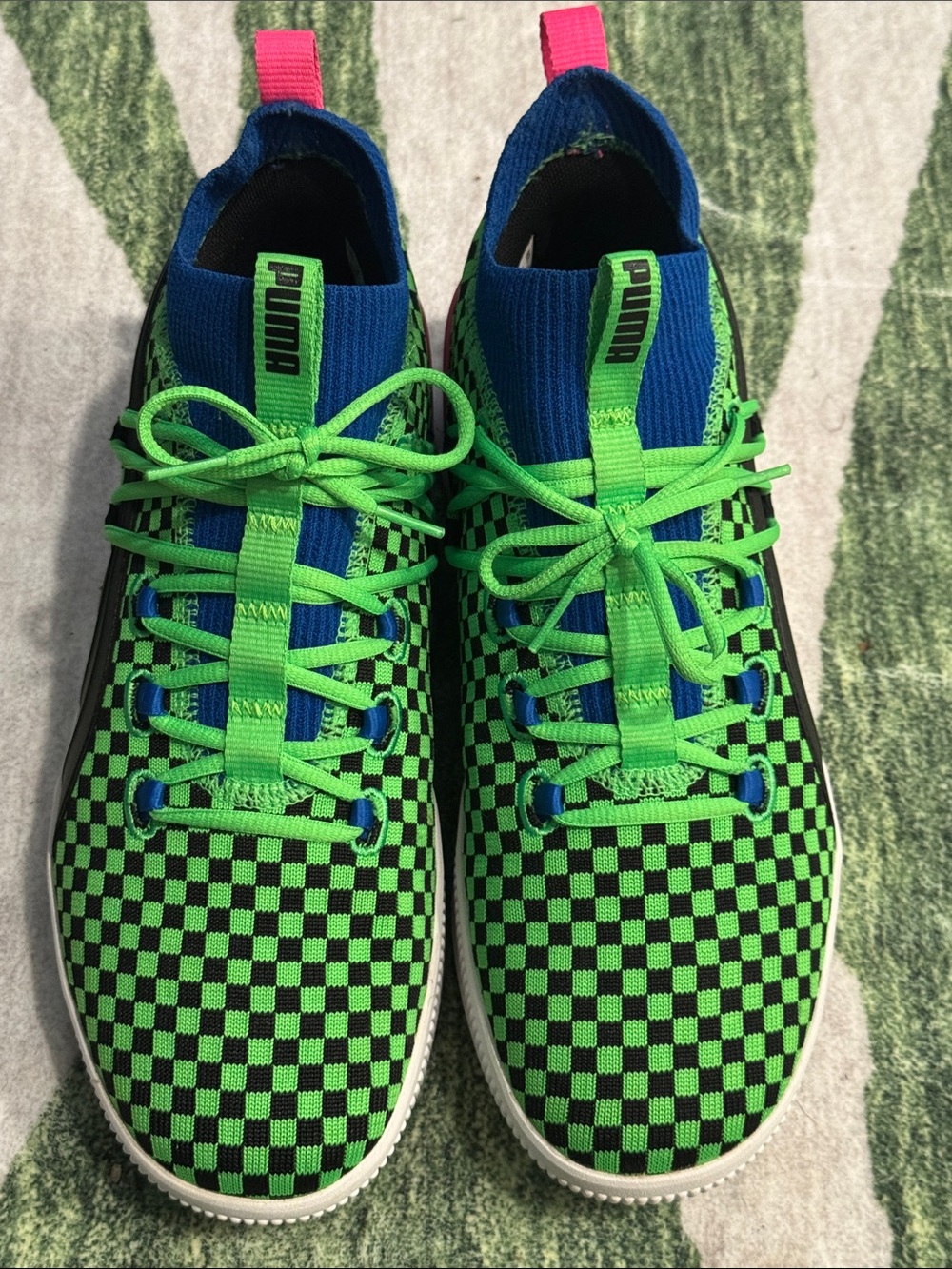 Puma Men’s Neon Green and Royal Blue Checker Knit Sneakers